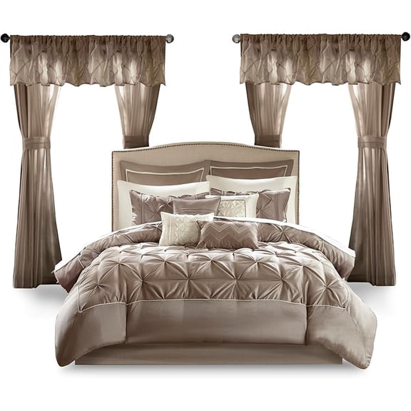 Essentials Queen Comforter Set, 24 Piece Bedding With Matching Curtains, Decorative Pillows, Luxe Diamond Tufting , Room in a Bag Joella Collection, Plum Queen