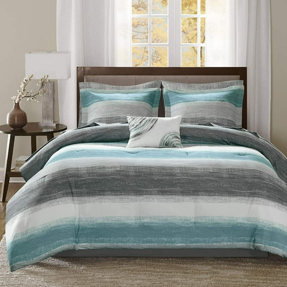 Essentials Queen Comforter Set, Bed in a Bag Queen, Watercolor Print Coastal Comforter & Chambray Cotton Sheet Set, All Season Bedding Set, Saben, Aqua Queen (90 in x 90 in) 9 Piece