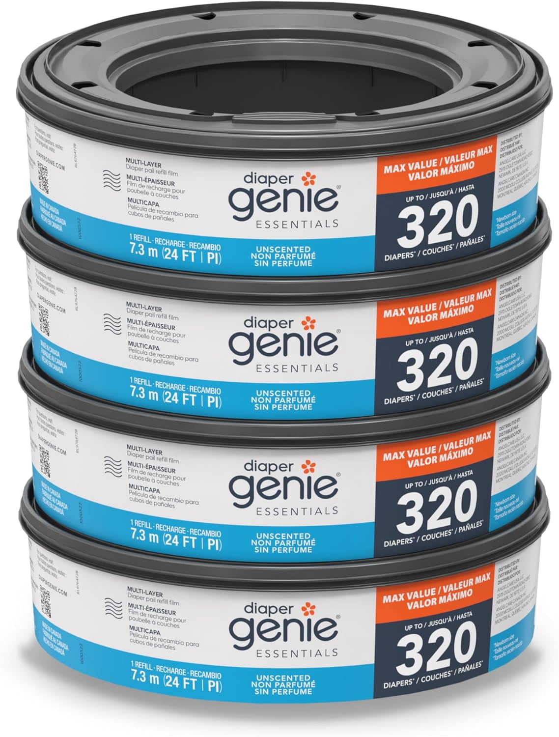 Essentials Round Refill Pack of 4 | Holds Up to 1280 Newborn Diapers | Features Unscented Continuous Film | Compatible with Complete and Expressions Pails