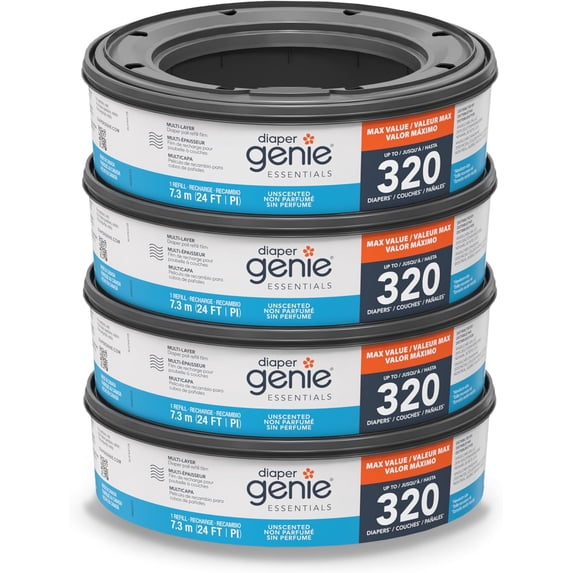 Essentials Round Refill Pack of 4 | Holds Up to 1280 Newborn Diapers | Features Unscented Continuous Film | Compatible with Complete and Expressions Pails