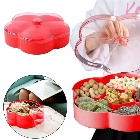 Essentials Storage box 1 Tier Flower Shape Candy And Nut Serving Container Tray With Lid 6 Compartment Round Plastic Food Storage Lunch Organizer Divided Christmas Snack Plate