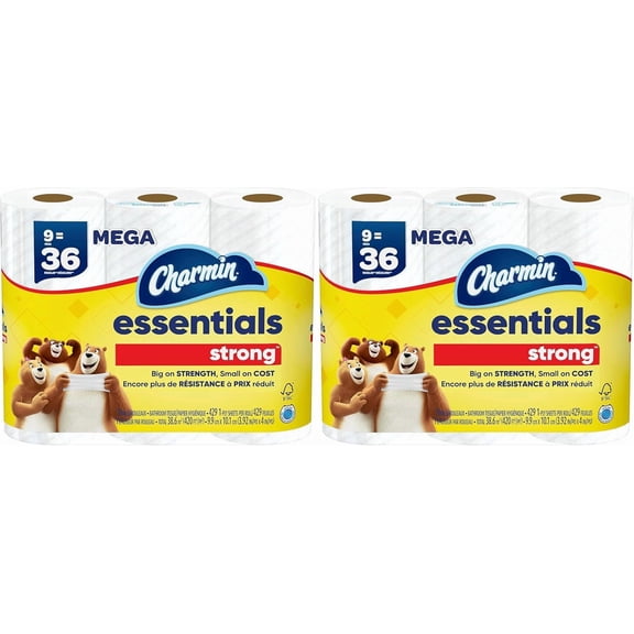 Essentials Strong Toilet Paper, 9 Mega Rolls : 36 Regular Rolls (Pack of 2)