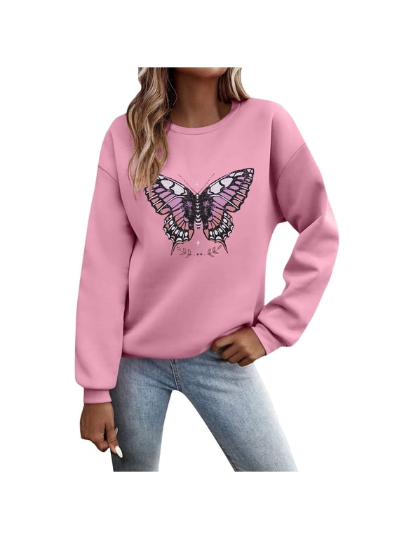 Sweatshirts for Women Butterfly Graphic Long Sleeve Crew Neck Casual Athletic Hoodie Tops Pink