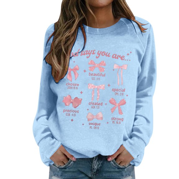 Essentials Sweatshirts for Women Cute Sweet Letter Bow Print Long Sleeve Crew Neck Preppy Clothes 2025