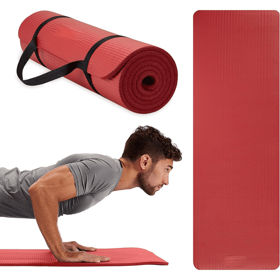 Essentials Thick Yoga Mat Fitness & Exercise Mat with Easy-Cinch Carrier Strap,72"L X 24"W X 2/5 Thick, 10mm-Red