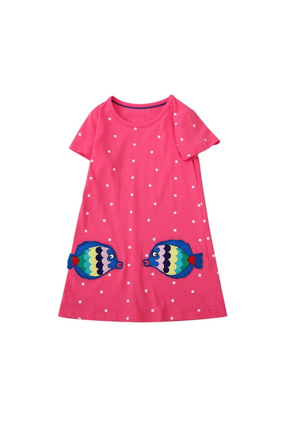 Essentials Toddler Girls Dresses Embroidered Summer Round Neck Kissing Fish Embroidered Print Formal Party Dress