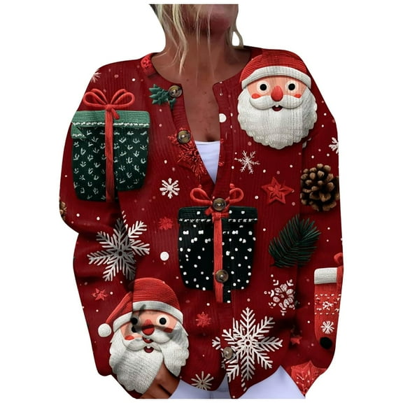 Essentials Women Christmas Cardigan Festive With Santa Reindeer Knitted Sweater Print Long Sleeve Xmas Sweater Coat for Fall and Winter