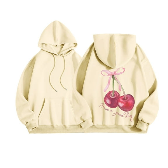 Essentials Women's Hoodie Bow Letter Cherry Print Long Sleeve Drawstring Hooded with Pocket Pullover Sweaters Beige