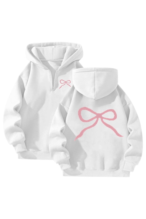 Essentials Women's Hoodie Bow Print Half Zipper Long Sleeve Hooded Casual Workout Sweatshirts White