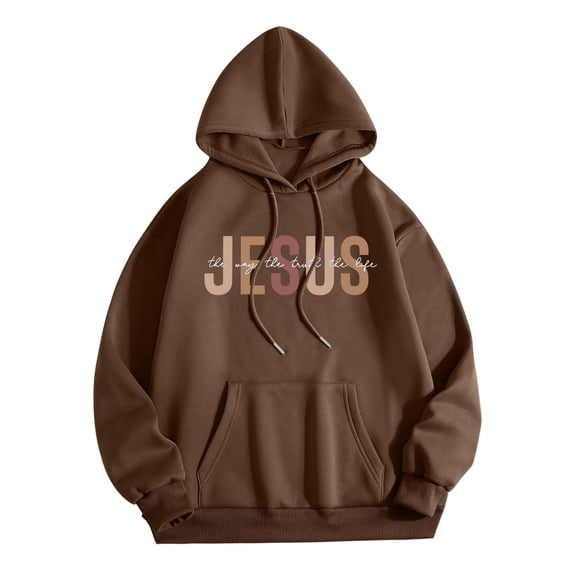 Essentials Women's Hoodie Christian Letter Print Hooded Religious Jesus Long Sleeve With Pocket Workout Sweatshirts Brown