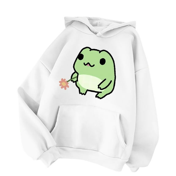 Essentials Women's Hoodie Cute Cartoon Frog Letter Print Hooded With Pocket Y2k Winter Sweatshirts White