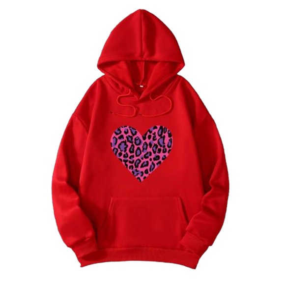 Essentials Women's Hoodie Leopard Print Heart Graphic Long Sleeve Hooded with Pocket Valentine's Day Workout Sweatshirts Red