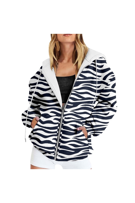 Essentials Women's Hoodie Zebra Stripe Patchwork Zipper Long Sleeve Jacket with Pocket Winter Y2k Clothes