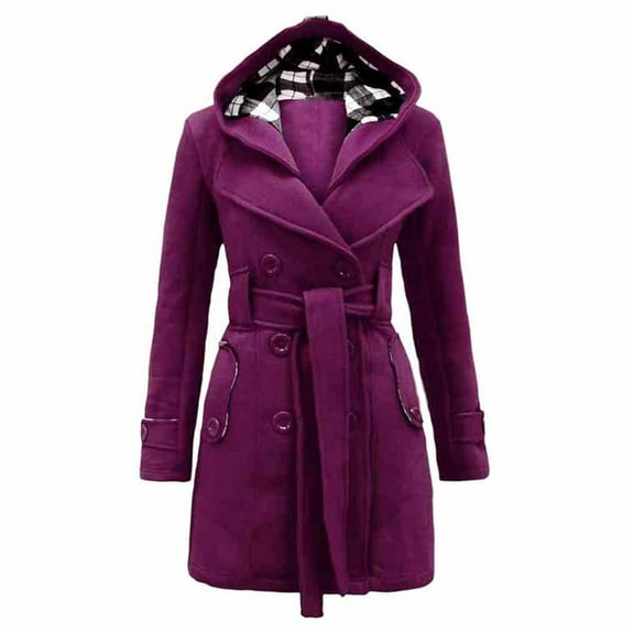 Essentials Women's Jacket Double Breasted Pladi Hooded Lapel Wool Trench Coat With Belt Plus Size Outerwear Trendy Clothes