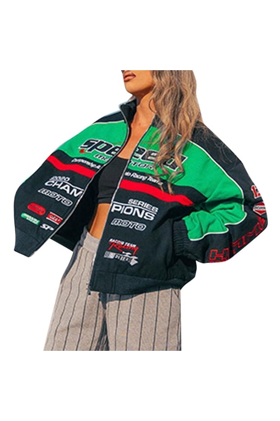 Essentials Women's Jacket Motorcycle Racing Zipper Patchwork Letter Print Varsity With Pocket Outwears Coats