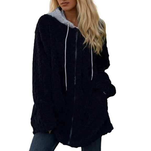 Essentials Women's Jacket Oversize Fuzzy Zipper Patchwork Hooded 2 Piece Drawstring Lightweight Coat