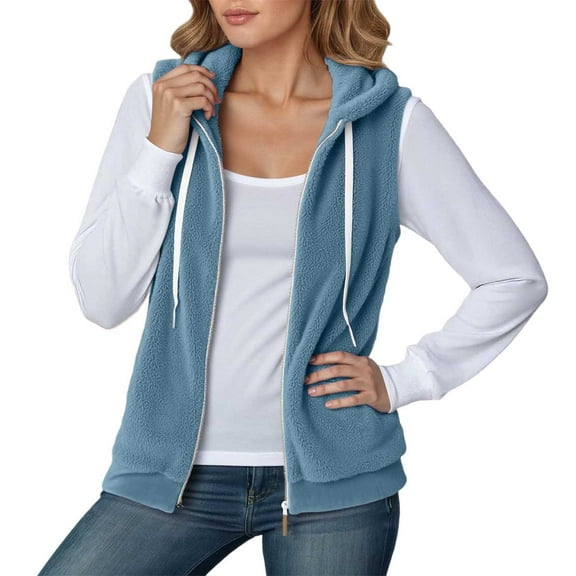 Essentials Women's Jacket Polar Fleece Hooded Vest Solid Sleeveless Drawstring Waistcoat Lightweight Outwears