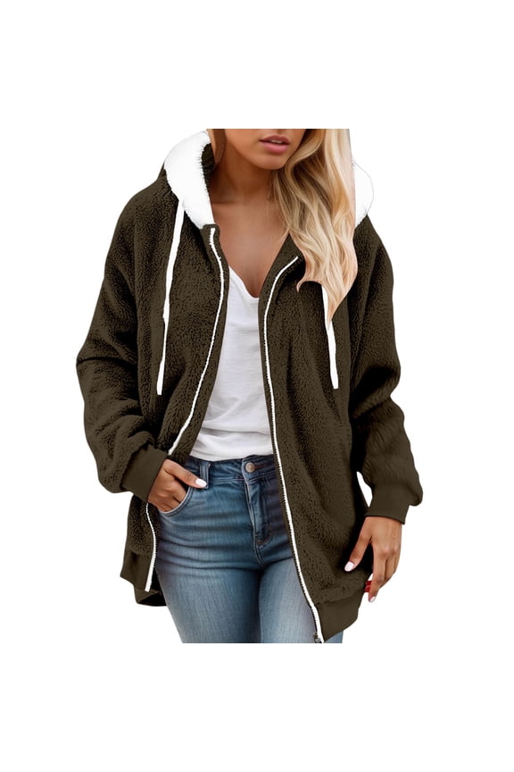 Essentials Women's Jacket Polar Zipper Hoodie Oversize Drawstring Thermal Insulated Fuzzy Outwears Coats