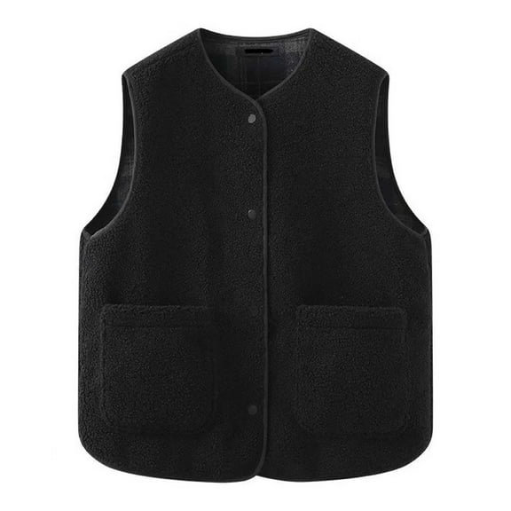 Essentials Women's Jacket Solid Sleeveless Warm Fleece Vest with Pocket Thermal Loose Fit Outwears Black