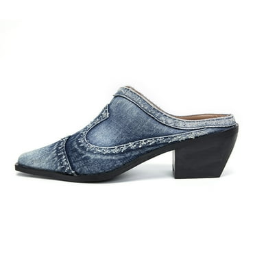 Essentials Women's Pointy Toe Mule with Block Heel Summer Denim Slippers Cowboy Shoes UK Sale Pointed Toe Slip on Chunky Heels Slide Mules for Women