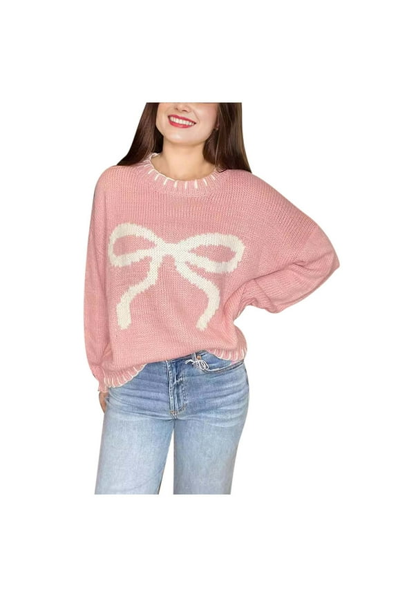Essentials Women's Sweater Bow Print Stripe Color Block Knitted Long Sleeve Crewneck Warm Sweaters