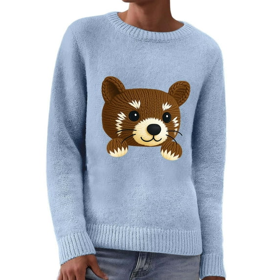 Essentials Women's Sweater Knit Cute Animal Graphic Long Sleeve Crewneck Fall Sweaters Light Blue