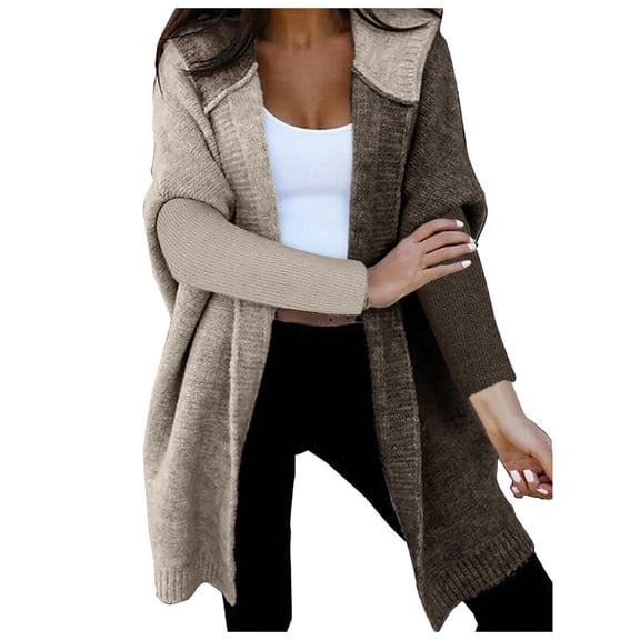 Essentials Women's Sweater Color Block Open Front Mid-Length Hooded Cardigan Casual Knitted Fall Winter Clothes