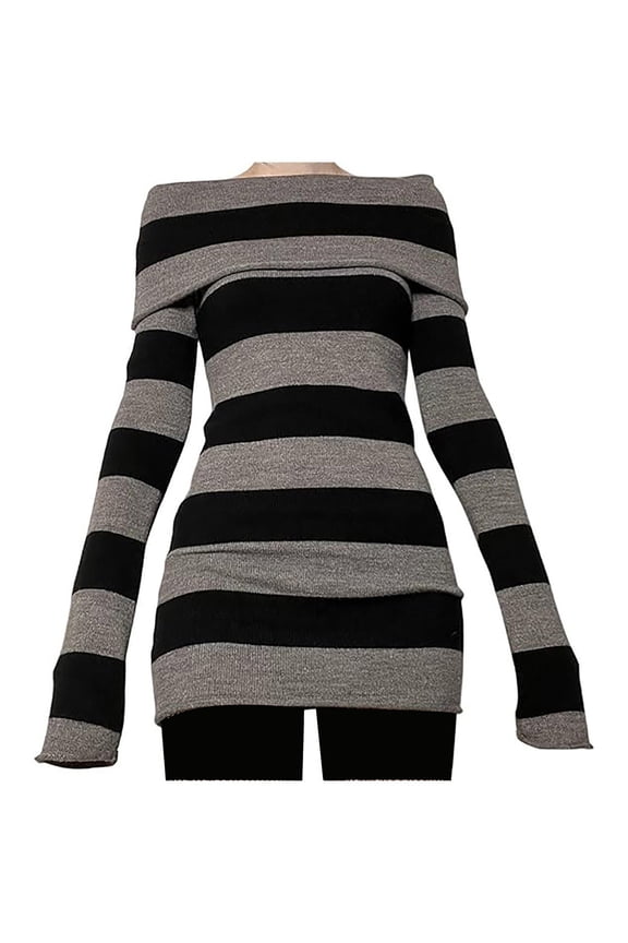 Essentials Women's Sweater Gothic Striped Off Shoulder Y2k Long Sleeve Knitted Bodycon Mini Dress Pullover Tops