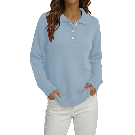 Essentials Women's Sweater Half Button Lapel Knit Long Sleeve Solid Fall Winter Clothes Blue