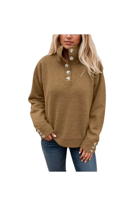 Essentials Women's Sweater Half Button Turtleneck Knitted Long Sleeve Solid Loose Casual Jumper Top