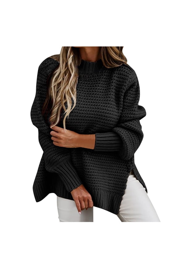 Essentials Women's Sweater Half High Neck Knit Long Sleeve Loose Casual Side Slit Tunic Cozy Sweaters