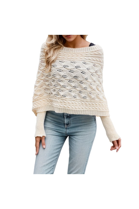 Essentials Women's Sweater Knitted Cable Wrap Shawl with Sleeves Solid Elegant Multifunctional Knitted Scarf Fall Knitwear