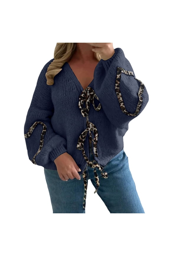 Essentials Women's Sweater Leopard Print Lace Up Cardigan Long Sleeve V Neck Knitted Jumper Top