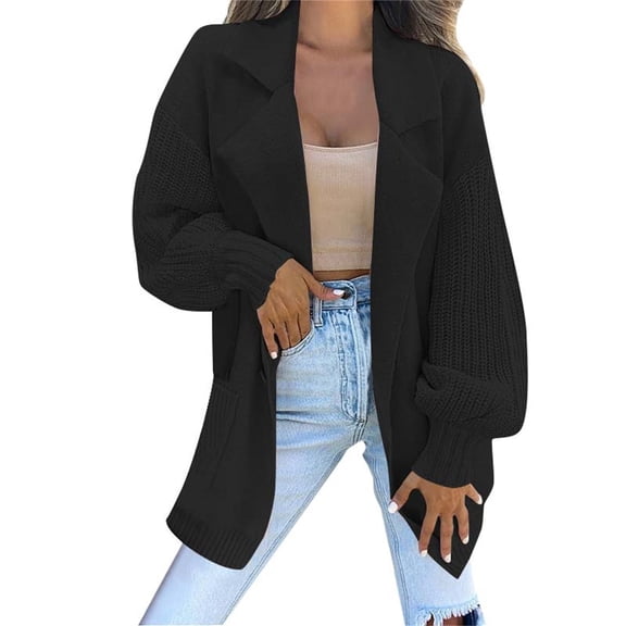 Essentials Women's Sweater Long Sleeve Open Front Lapel Oversized Knit Cardigan With Pocket Fall Winter Clothes