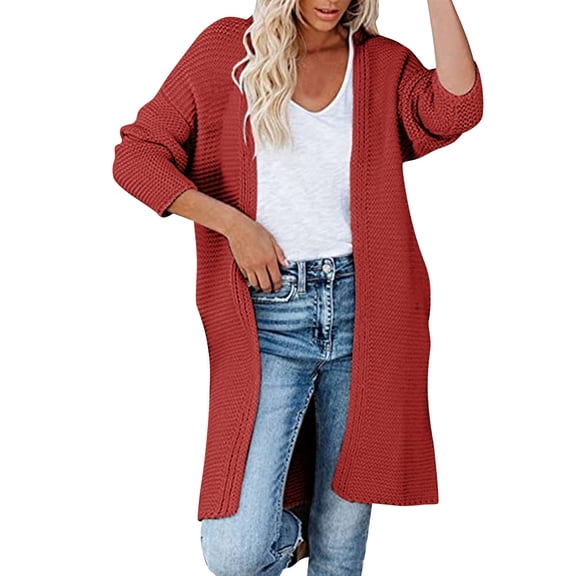 Essentials Women's Sweater Mid-Length Open Front Cardigan Solid Color Elegant Knitted Jumper Top