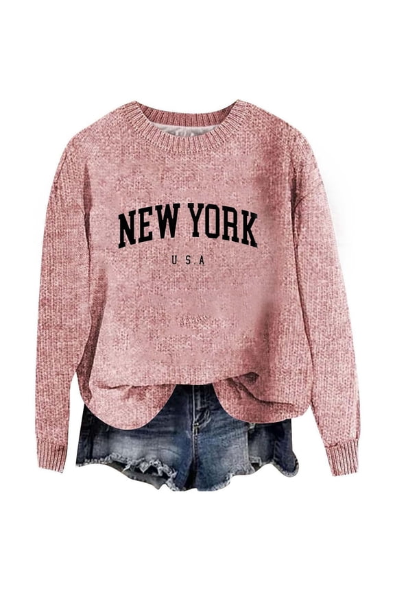 Essentials Women's Sweater New York Letter Print Long Sleeve Crew Neck Knitted Fall Clothes Outfits