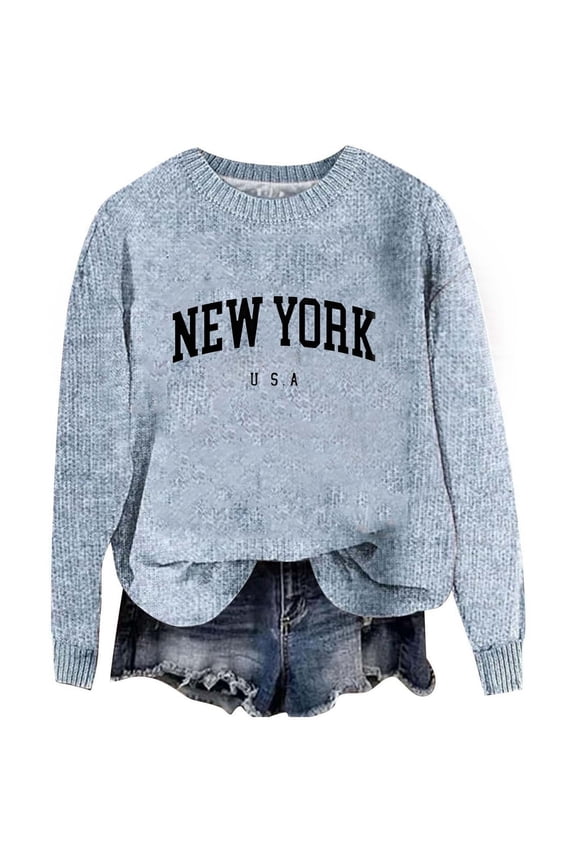 Essentials Women's Sweater New York Letter Print Long Sleeve Crew Neck Knitted Fall Knitwear