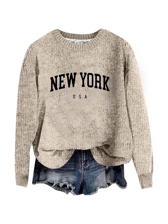 Essentials Women's Sweater New York Letter Print Long Sleeve Crew Neck Knitted Jumper Top