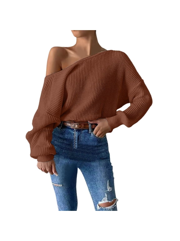 Essentials Women's Sweater Oversize Knitted Long Sleeve Off Shoulder Ribbed Knit Backless Cozy Sweaters