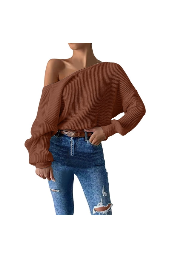 Essentials Women's Sweater Oversize Knitted Long Sleeve Off Shoulder Ribbed Knit Backless Cozy Sweaters