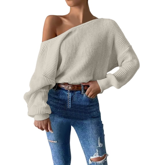 Essentials Women's Sweater Oversize Knitted Long Sleeve Off Shoulder Ribbed Knit Backless Trendy Outfits