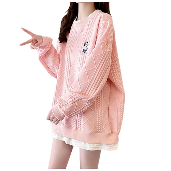 Essentials Women's Sweater Oversize Long Sleeve Crew Neck Bear Graphic Embroidery Knitted Sweatshirt Cozy Sweaters