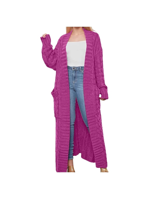 Essentials Women's Sweater Oversize Solid Cable Knitted Long Cardigan Elegant Open Front Knitted With Pocket Pullover Tops