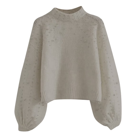 Essentials Women's Sweater Pearl Long Sleeve Half High Collar Knitted Cropped Loose Fit Trendy Clothes 2025