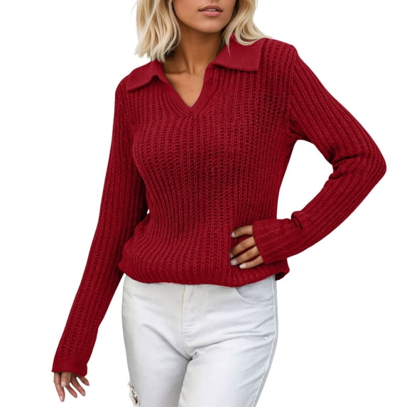 Essentials Women's Sweater Ribbed Knitted Long Sleeve V Neck Lapel Slim Casual Fall Sweaters