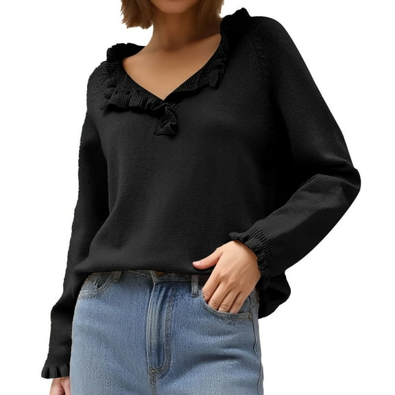 Essentials Women's Sweater Ruffle Half Button Lapel Plus Size Loose Knitted Casual Pullover Tops