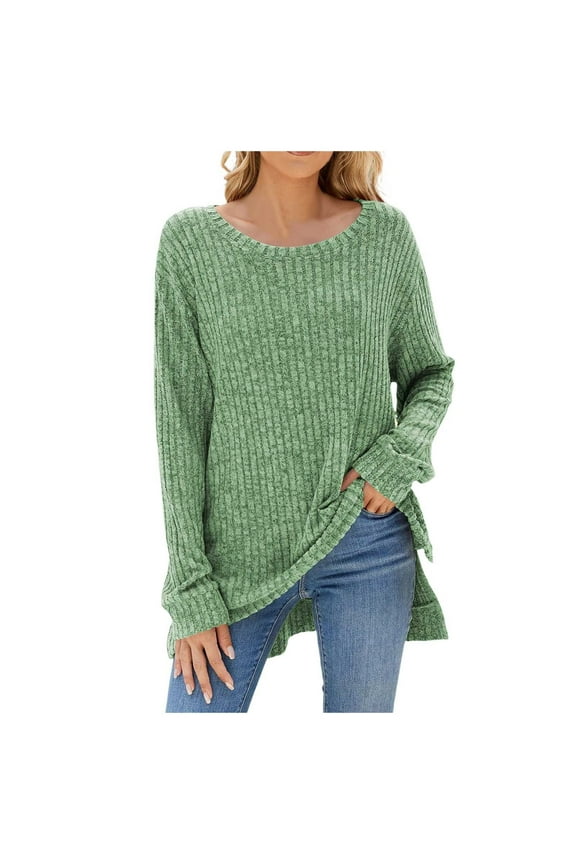 Essentials Women's Sweater Side Slit Ribbed Knit Shirts Solid Long Sleeve Crew Neck Tunic Fall Clothes Outfits