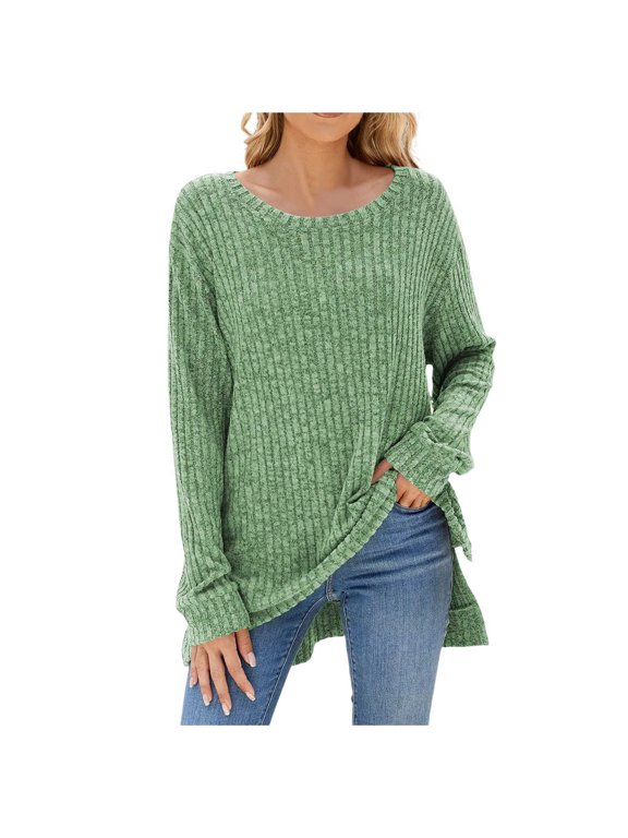 Essentials Women's Sweater Side Slit Ribbed Knit Shirts Solid Long Sleeve Crew Neck Tunic Fall Clothes Outfits