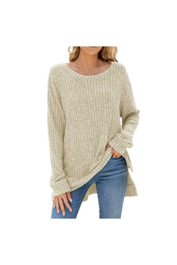 Essentials Women's Sweater Side Slit Ribbed Knit Shirts Solid Long Sleeve Crew Neck Tunic Jumper Top