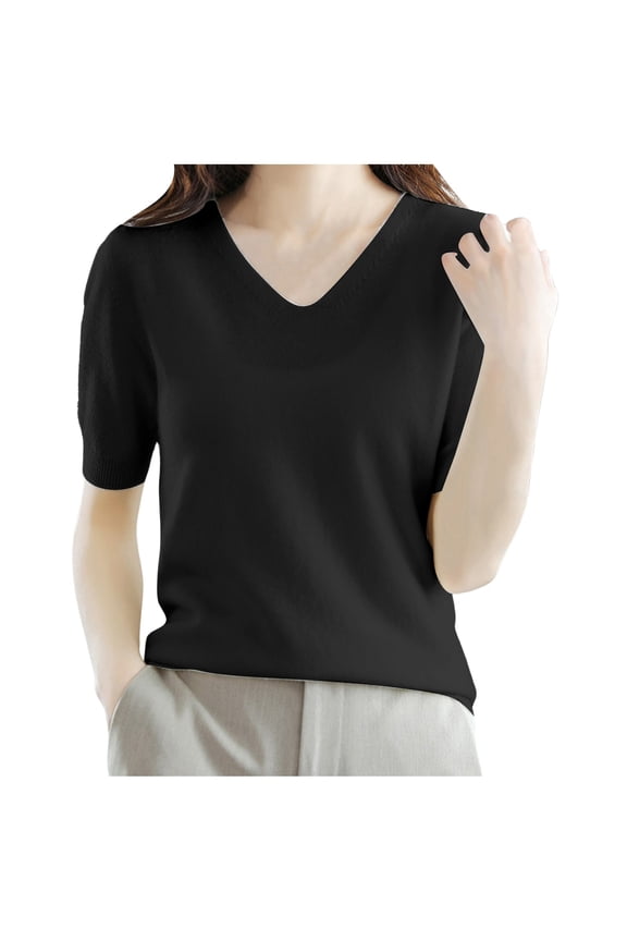 Essentials Women's Sweater Solid Basic Casual Short Sleeve V Neck Knitted Work Business Warm Sweaters